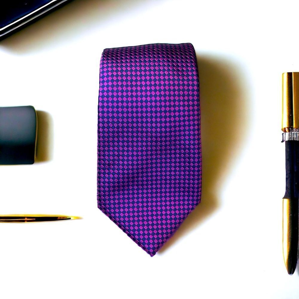 Beautiful Silk Tie From Bloomingdales Purple and Navy Blue Diamond Pattern